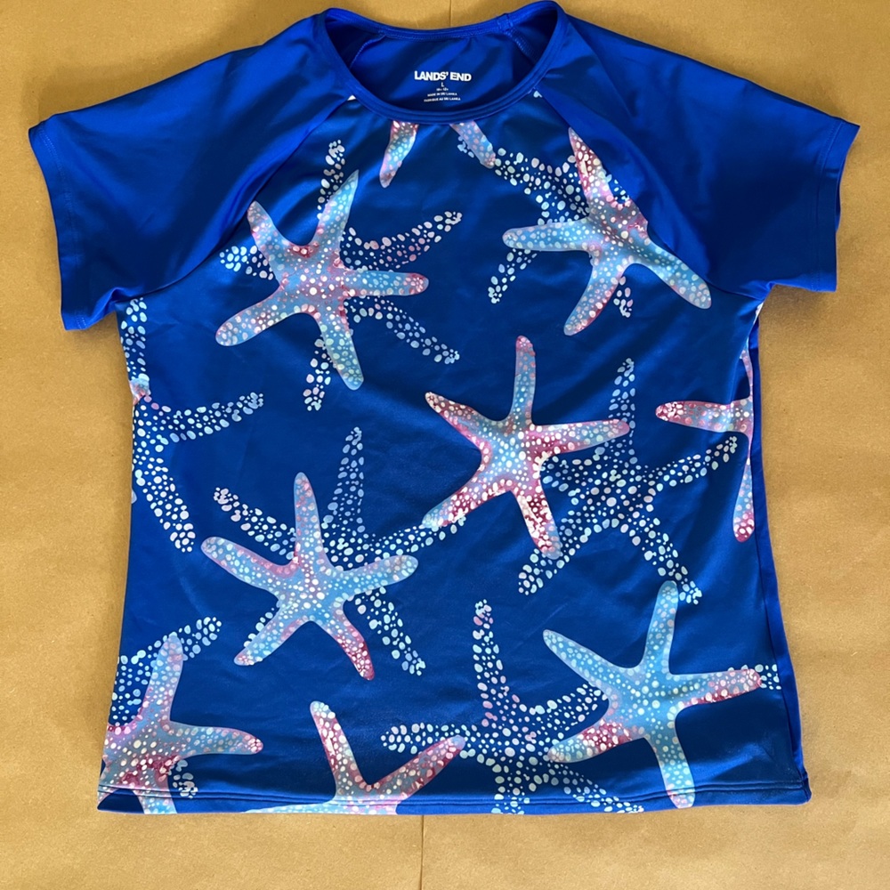 New Land’s End Girl’s Starfish Blue Rash Guard, Size L plus (10+ 12+)